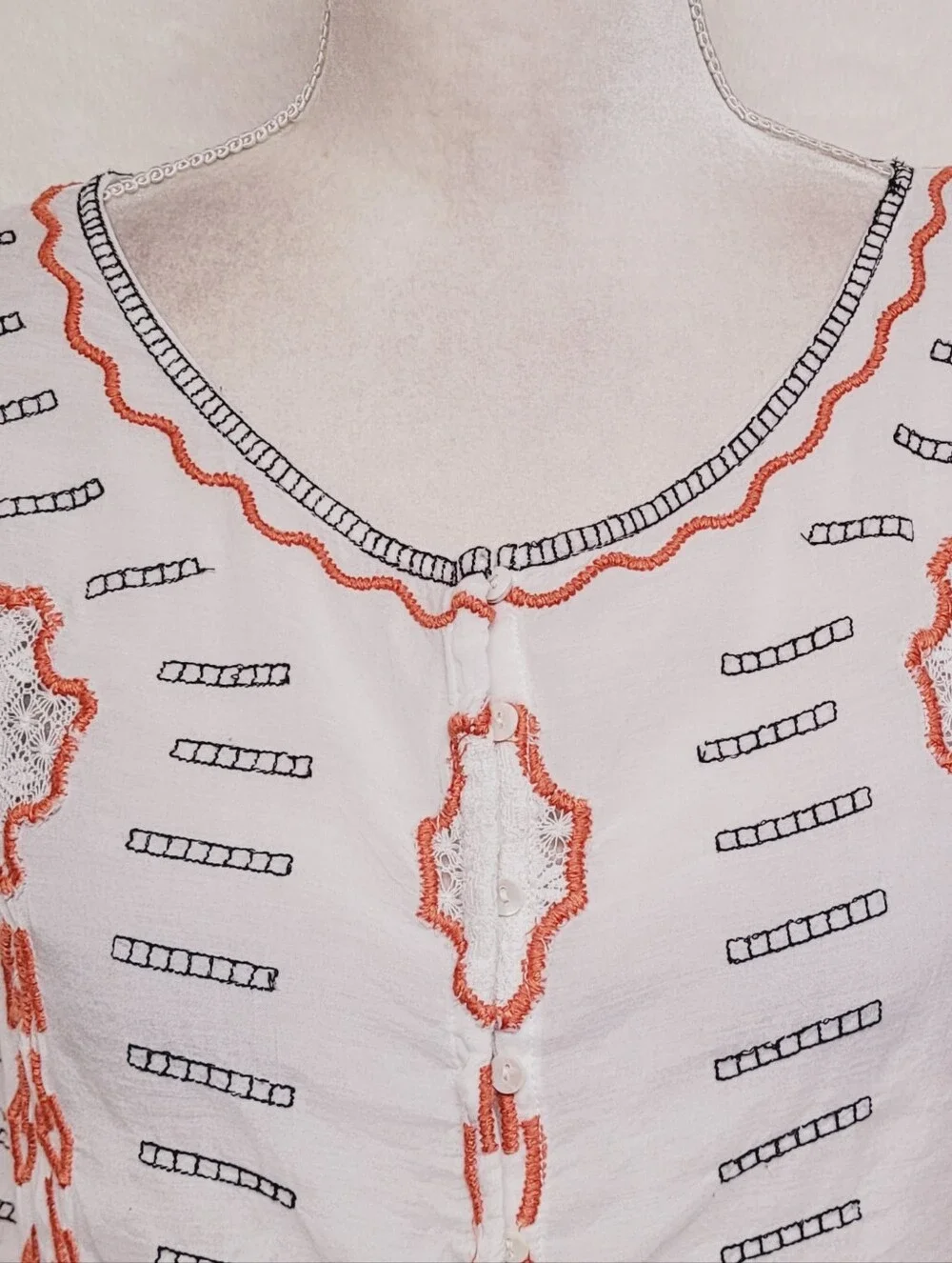 Free People White Burnt Orange Floral Flared Quarter Sleeve Blousen Top XS